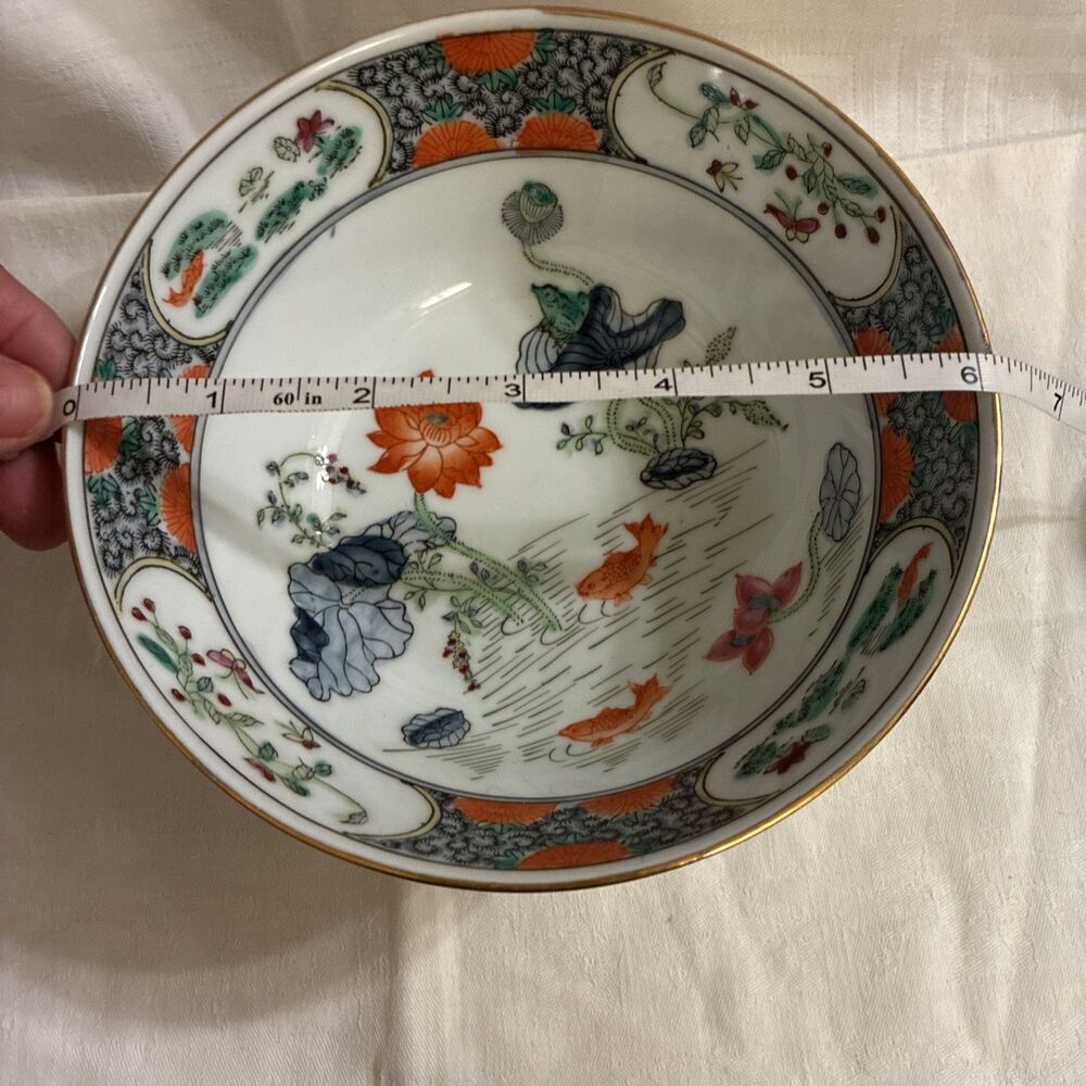 Vintage Chinoiserie Japanese TFF Porcelain Bowl 6" Lotus, Frogs, Koi Pond HK - Picture 8 of 9